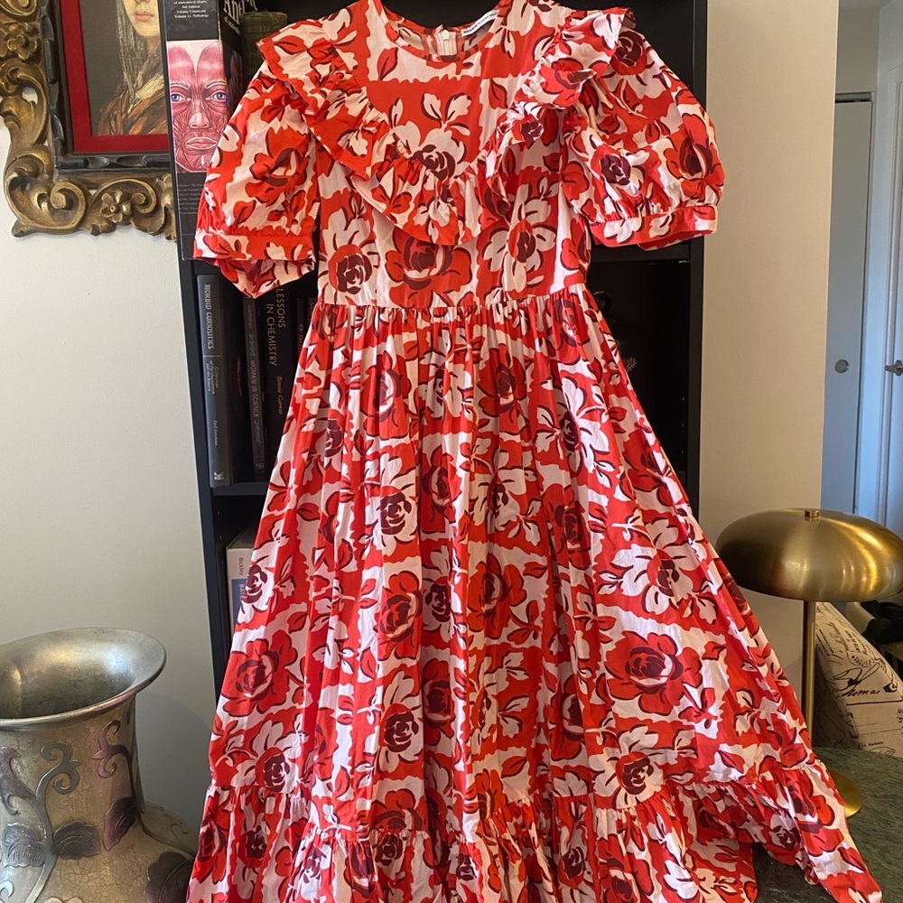 Batsheva Red Floral Ruffle Maxi Dress